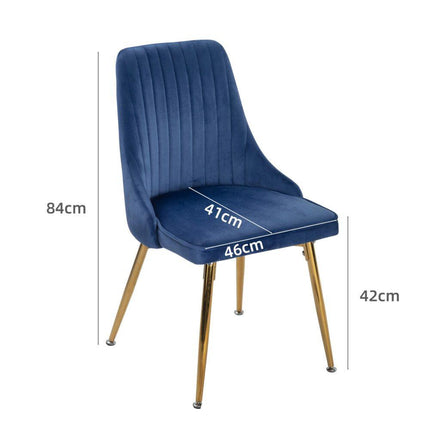Viva Forever Set of 2 Blue Velvet Dining Chairs – Art Deco Design with Gold Metal Legs.