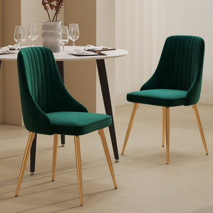 Viva Forever Set of 2 Green Velvet Dining Chairs-Art Deco Design with Gold Metal Legs.