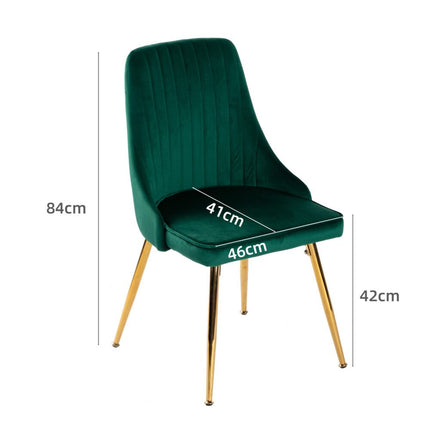 Viva Forever Set of 2 Green Velvet Dining Chairs-Art Deco Design with Gold Metal Legs.