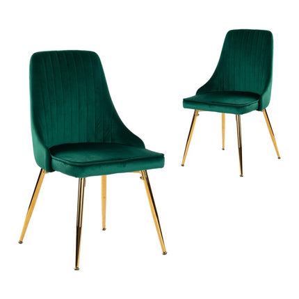 Viva Forever Set of 2 Green Velvet Dining Chairs-Art Deco Design with Gold Metal Legs.