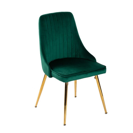 Viva Forever Set of 2 Green Velvet Dining Chairs-Art Deco Design with Gold Metal Legs.