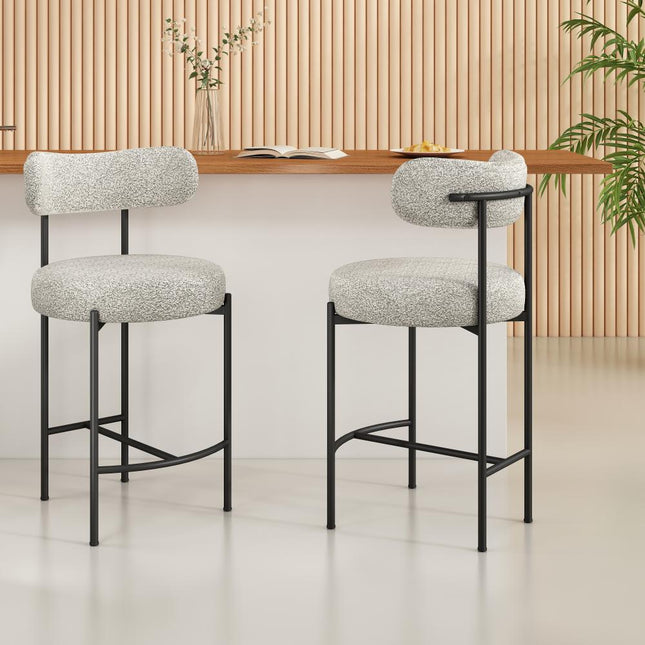 Sleek White Quartz Metal Boucle Elsa Bar Stools.