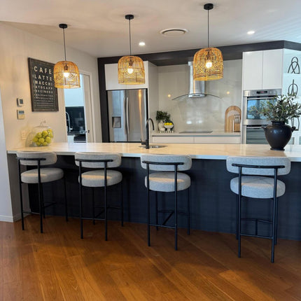 Sleek White Quartz Metal Boucle Elsa Bar Stools.