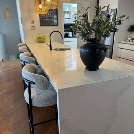 Sleek White Quartz Metal Boucle Elsa Bar Stools.