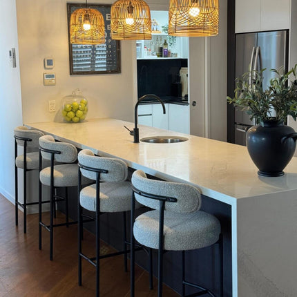 Sleek White Quartz Metal Boucle Elsa Bar Stools.