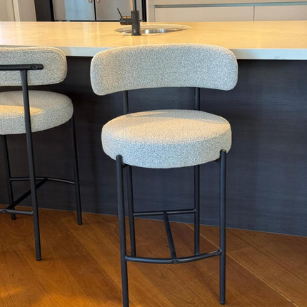 Sleek White Quartz Metal Boucle Elsa Bar Stools.