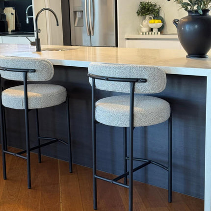 Sleek White Quartz Metal Boucle Elsa Bar Stools.
