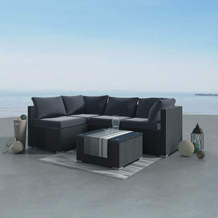 Modern Outdoor 7 Piece Lounge Set with Slatted Polywood Design Tables.