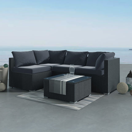 Modern Outdoor 7 Piece Lounge Set with Slatted Polywood Design Tables.