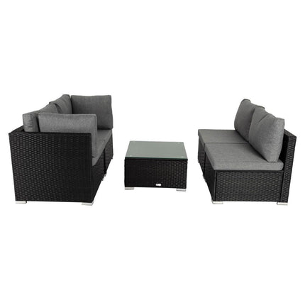 Modern Outdoor 7 Piece Lounge Set with Slatted Polywood Design Tables.