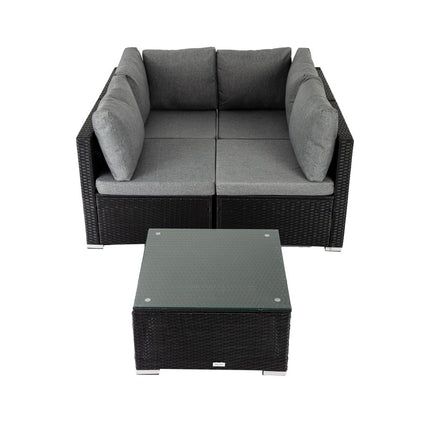 Modern Outdoor 7 Piece Lounge Set with Slatted Polywood Design Tables.