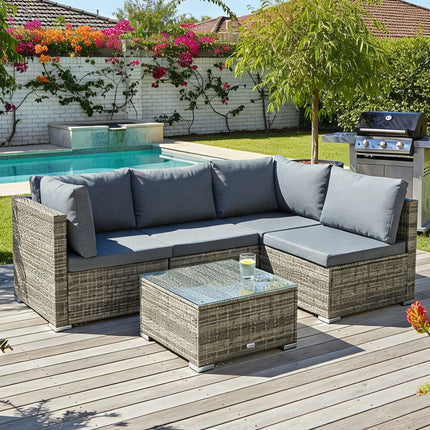 Modern Outdoor 7 Piece Lounge Set with Slatted Polywood Design Tables.