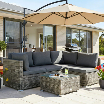 Modern Outdoor 7 Piece Lounge Set with Slatted Polywood Design Tables.