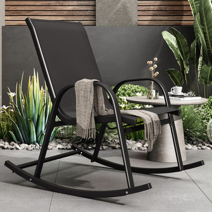 Rocking Chair High Back Rocker Chairs Steel Metal Textilene Fabric-Black.