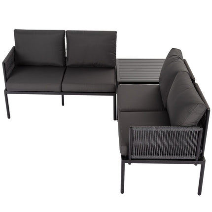 Eden 4-Seater Outdoor Lounge Set with Coffee Table in Black-Stylish Textile and Rope Design.