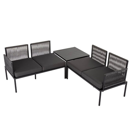 Eden 4-Seater Outdoor Lounge Set with Coffee Table in Black-Stylish Textile and Rope Design.