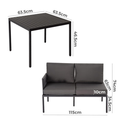 Eden 4-Seater Outdoor Lounge Set with Coffee Table in Black-Stylish Textile and Rope Design.