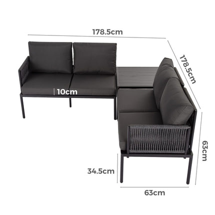 Eden 4-Seater Outdoor Lounge Set with Coffee Table in Black-Stylish Textile and Rope Design.