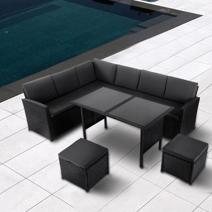 Eden 4-Seater Outdoor Lounge Set with Coffee Table in Black-Stylish Textile and Rope Design.