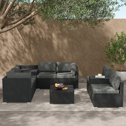 Outdoor Modular Lounge Sofa with Wicker End Table Set.