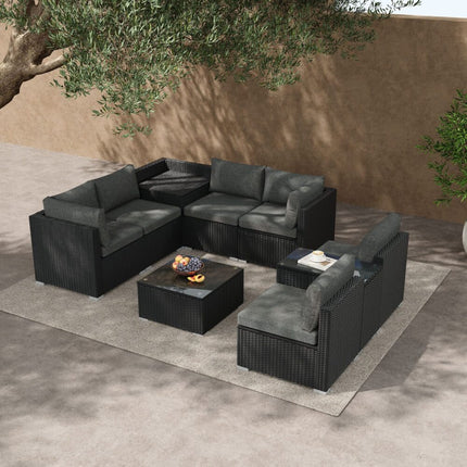 Outdoor Modular Lounge Sofa with Wicker End Table Set.