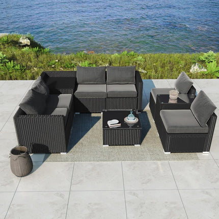 Outdoor Modular Lounge Sofa with Wicker End Table Set.
