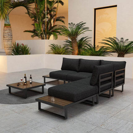 Modern Outdoor 7 Piece Lounge Set with Slatted Polywood Design Tables.
