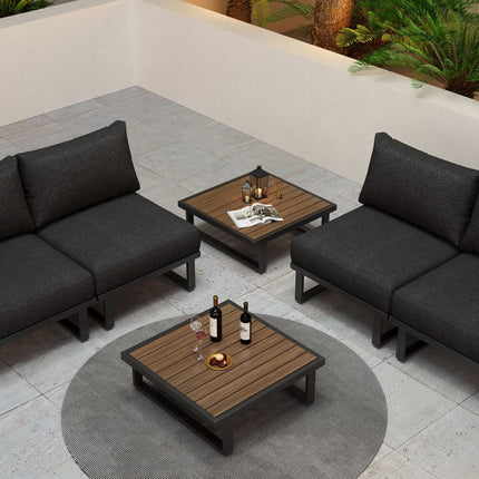 Modern Outdoor 7 Piece Lounge Set with Slatted Polywood Design Tables.