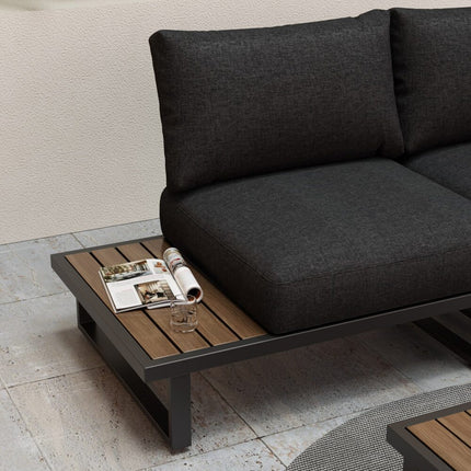 Modern Outdoor 7 Piece Lounge Set with Slatted Polywood Design Tables.