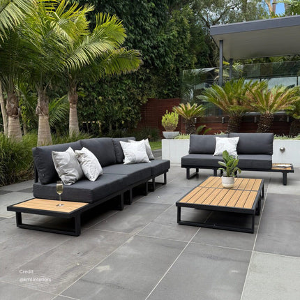 Modern Outdoor 7 Piece Lounge Set with Slatted Polywood Design Tables.