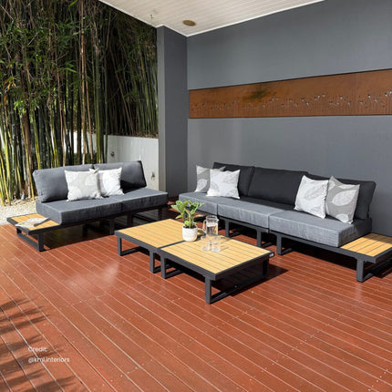 Modern Outdoor 7 Piece Lounge Set with Slatted Polywood Design Tables.
