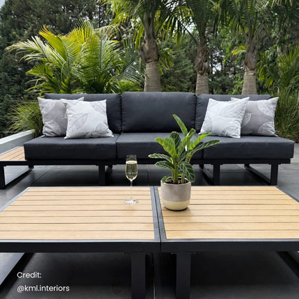 Modern Outdoor 7 Piece Lounge Set with Slatted Polywood Design Tables.