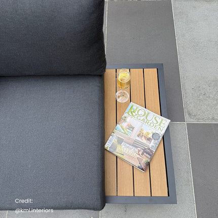 Modern Outdoor 7 Piece Lounge Set with Slatted Polywood Design Tables.