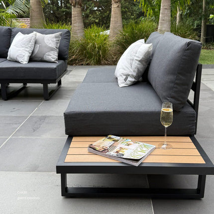 Modern Outdoor 7 Piece Lounge Set with Slatted Polywood Design Tables.