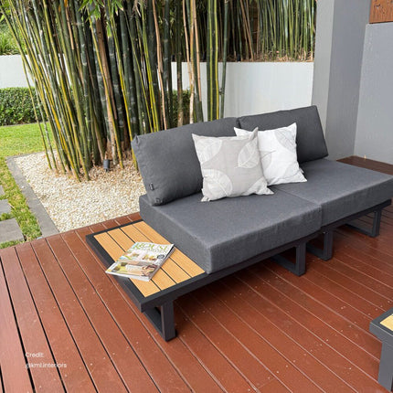 Modern Outdoor 7 Piece Lounge Set with Slatted Polywood Design Tables.