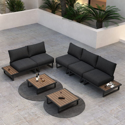 Modern Outdoor 7 Piece Lounge Set with Slatted Polywood Design Tables.