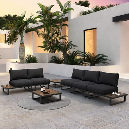 Modern Outdoor 7 Piece Lounge Set with Slatted Polywood Design Tables.