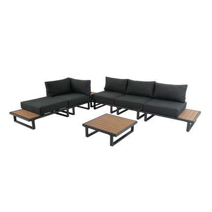 Modern Outdoor 7 Piece Lounge Set with Slatted Polywood Design Tables.