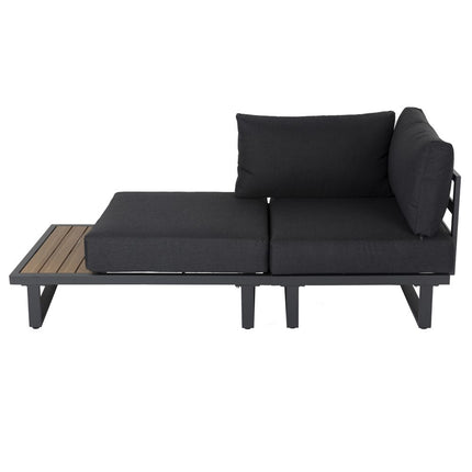 Modern Outdoor 7 Piece Lounge Set with Slatted Polywood Design Tables.
