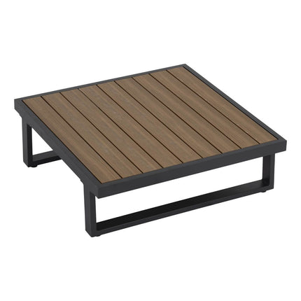 Modern Outdoor 7 Piece Lounge Set with Slatted Polywood Design Tables.