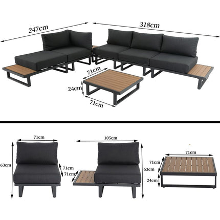 Modern Outdoor 7 Piece Lounge Set with Slatted Polywood Design Tables.