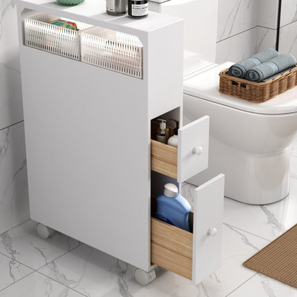 Removable Bathroom Side Cabinet Toilet Caddy with Storage Drawers- White.