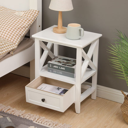 2-tier Bedside Table with Storage Drawer 2 PC Rustic White.