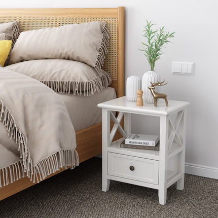 2-tier Bedside Table with Storage Drawer 2 PC Rustic White.
