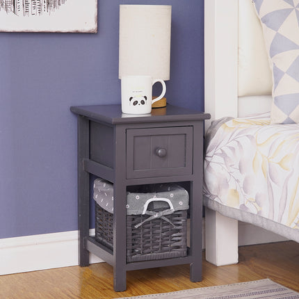 Grey Bedside Table with Wicker Basket.