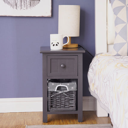 Grey Bedside Table with Wicker Basket.