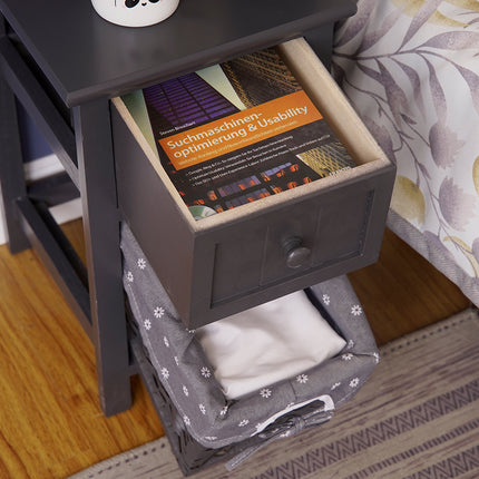 Grey Bedside Table with Wicker Basket.