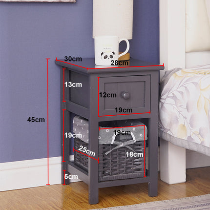 Grey Bedside Table with Wicker Basket.