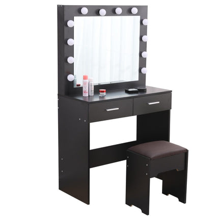 Fidel Vanity Set with Cushioned Stool and Lighted Mirror- Black.
