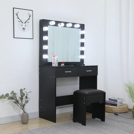 Fidel Vanity Set with Cushioned Stool and Lighted Mirror- Black.